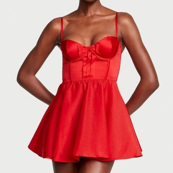 NEW Victoria's Secret Red Bow-Topped Bustier Slip Dress Satin Mixed-Media Mini - Picture 1 of 13